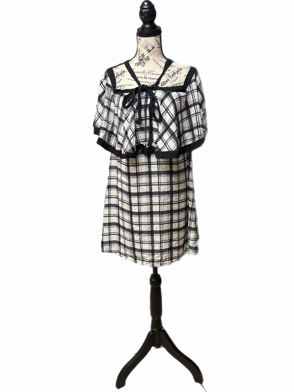 entro Black White Plaid Lined Shift Dress Square Neck Ruffle Tie Rayon S